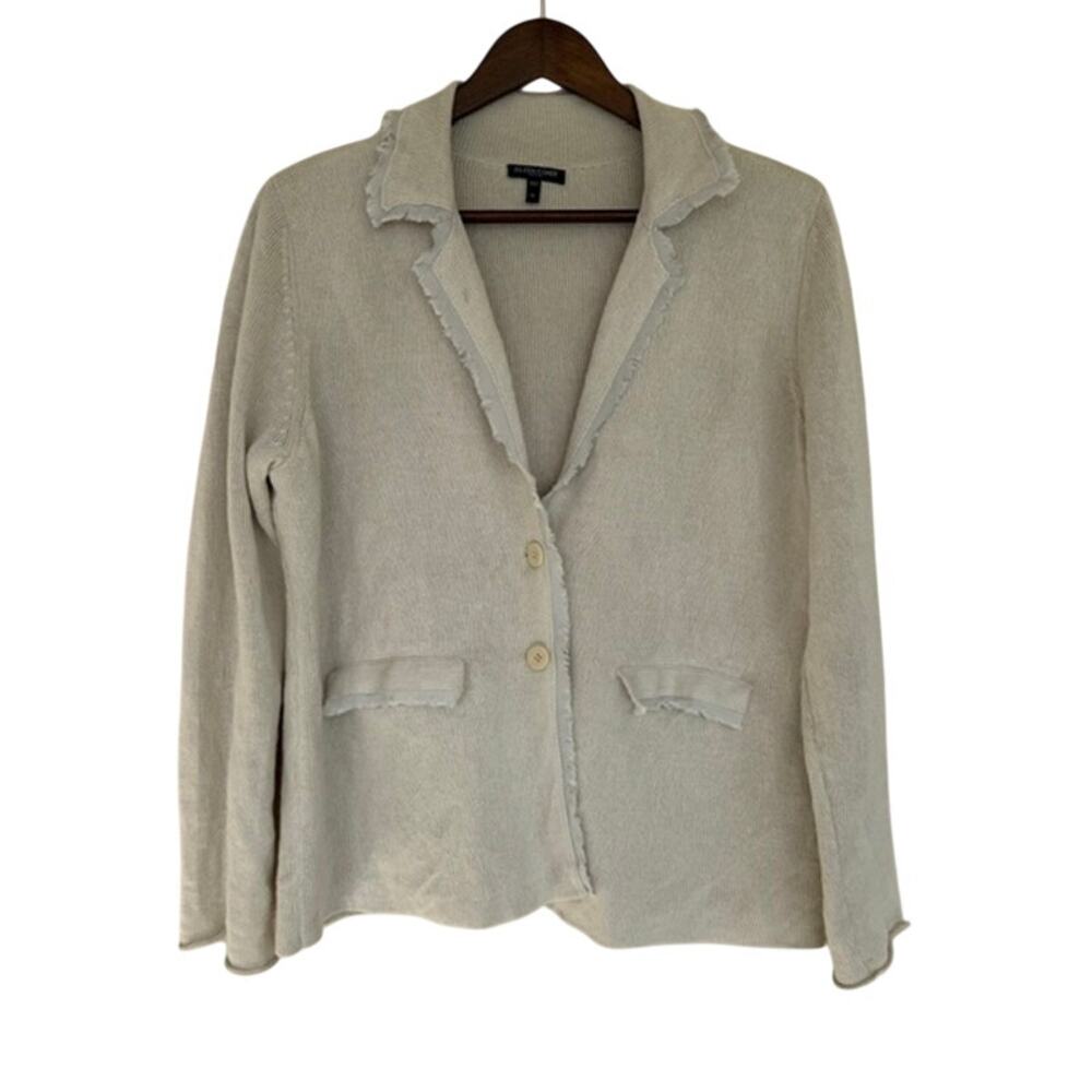 Eileen Fisher Beige Knit Blazer w/ Linen Frayed Edges and Pockets - Petite Large